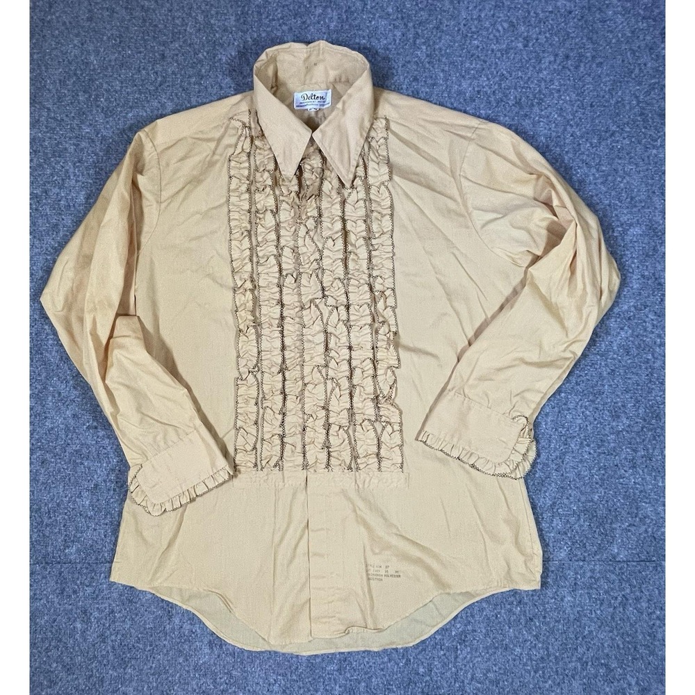 Vintage Ruffled Tuxedo Shirt Large 16-32 Dijon Yellow Wedding 70's Groovy Mod